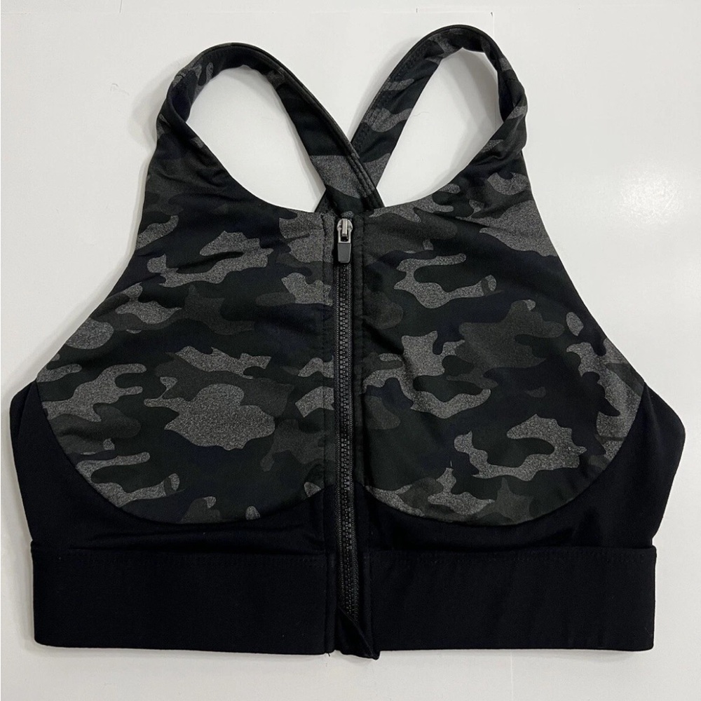 Fabletics High Impact Front Zip Green Gray Black Camo Sports Bra No Size Tag
